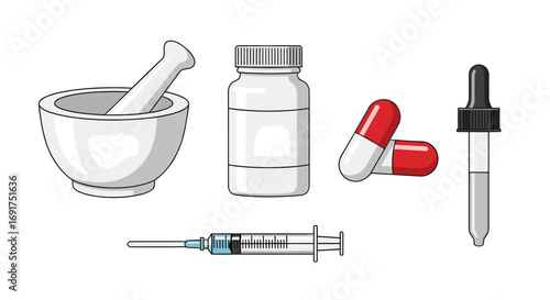 Medical supplies: mortar, pills, bottle, dropper, syringe.