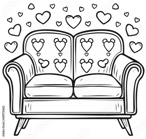 Cozy two seat sofa with floating heart shapes and romantic patterned backrests line art