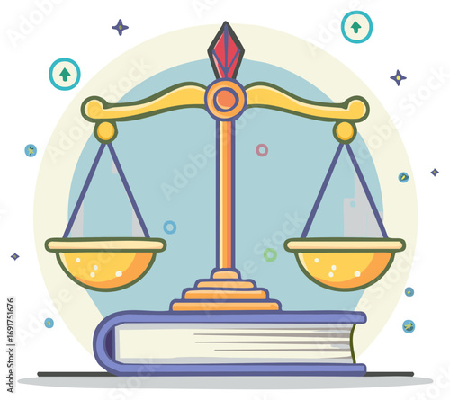 Scales of Justice Balancing on Law Book Illustration
