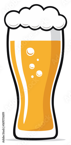 Refreshing golden beer in a tall glass with thick white foam and effervescent bubbles