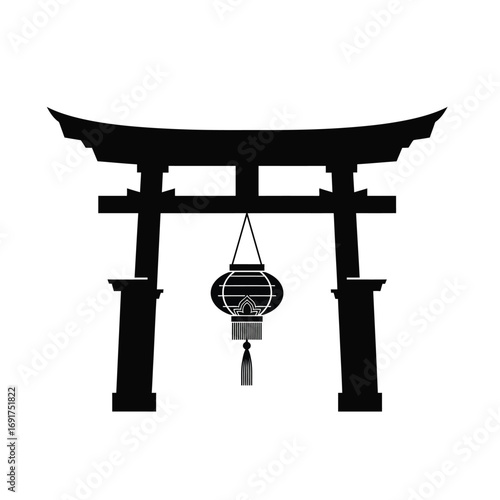 Torii gate with hanging lantern silhouette traditional