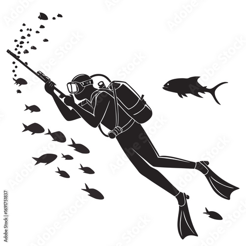Silhouette of a spearfisher diver with scuba gear hunting fish Keywords: diver, spearfishing, scuba