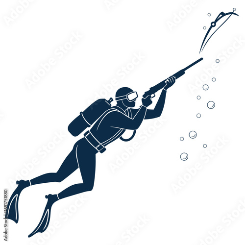 Silhouette of a spearfisher diver with scuba gear shooting a speargun underwater Keywords: diver