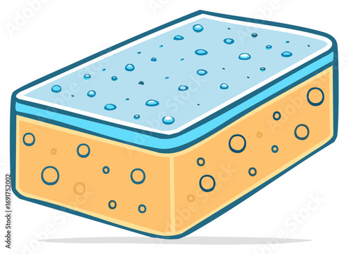 Yellow kitchen sponge with blue abrasive scouring pad covered in water droplets illustration