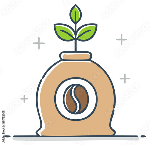 Coffee beans in sack with green plant growth vector