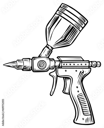 Hand drawn paint sprayer gun tool in a vintage black and white sketch style for automotive or industrial painting