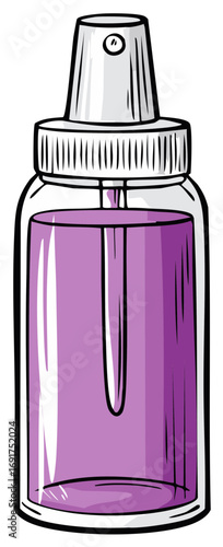 Purple liquid filled spray bottle with silver nozzle and white cap hand drawn illustration