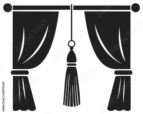 Black silhouette icon of elegant window curtains with a decorative tassel