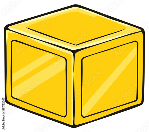 Cartoon styled golden cube illustration, shiny and glossy block with outline