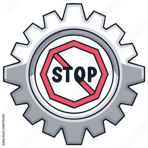 Gear with Stop Symbol Represents Shutdown, Restrictions, and Prohibition Concepts