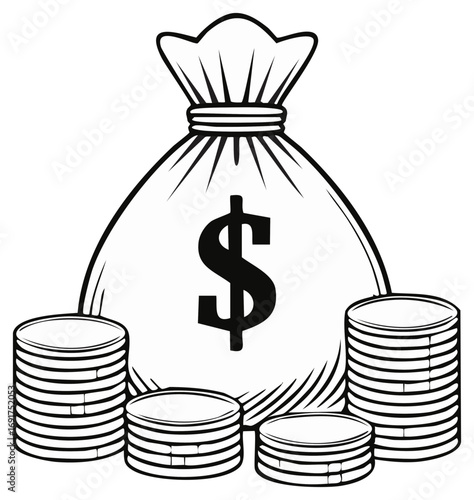 Money bag and coins vector graphic representing wealth and financial gain