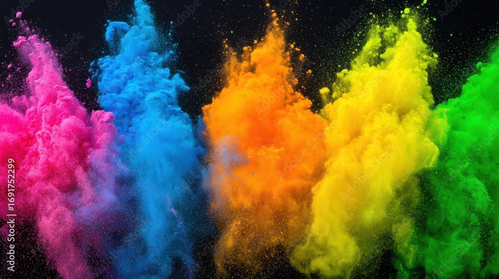 Fototapeta premium A vibrant explosion of colored powder creates a stunning visual effect, showcasing hues of pink, blue, orange, yellow, and green against a dark backdrop.