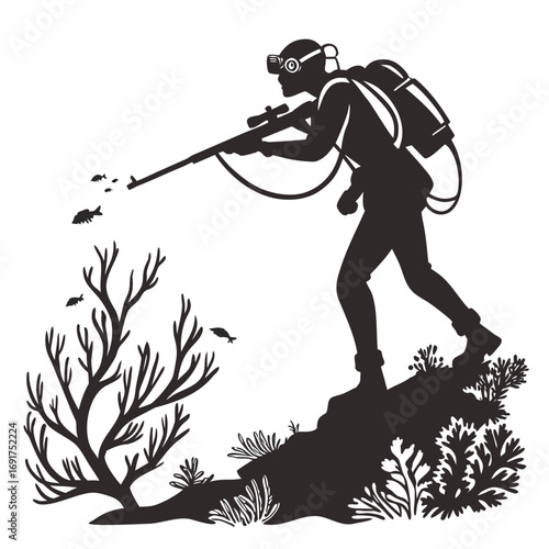 Silhouette of spearfisher aiming gun near coral and fish Keywords: spearfishing, silhouette, diver