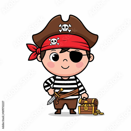 An adorable cartoon pirate character stands proudly with an eye patch, sword, and a treasure chest filled with gold coins