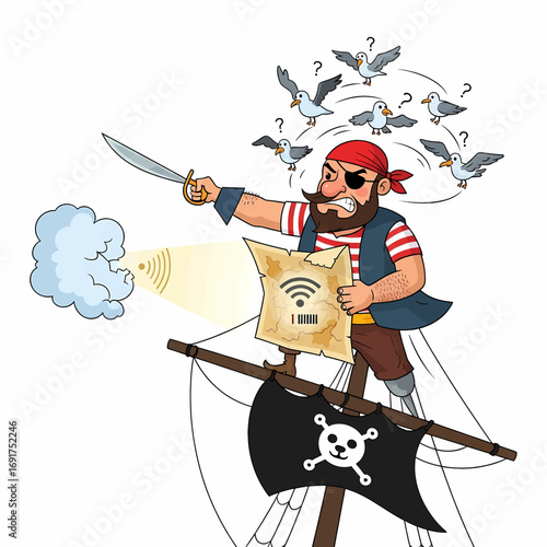 A humorous cartoon pirate on his ship, sword in hand, intently searching for a Wi-Fi signal on his treasure map as puzzled seagulls fly around.