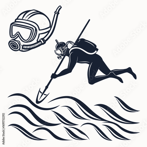 Silhouette of spearfisher diver with mask snorkel and waves on white background Keywords