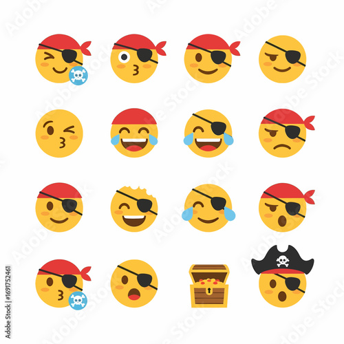 A vibrant collection of pirate emojis expressing diverse emotions like winking, laughing, and crying