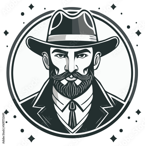Monochrome vintage emblem of a stylish bearded man in a suit and fedora hat