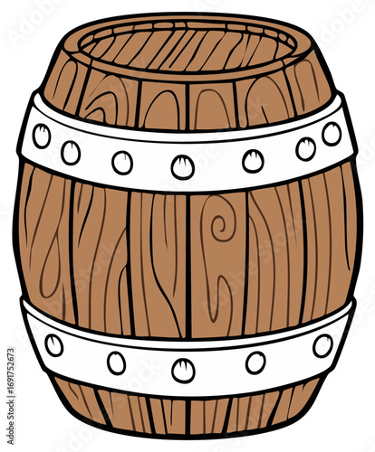 Rustic wooden barrel cartoon illustration a classic storage container with metal bands and wood texture.