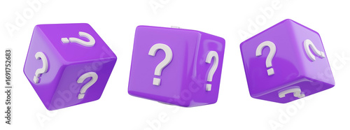 3D dice cube with question mark symbol for faq, quiz puzzle, decision confusion choice concept. Asking and answer solution test or mystery game. purple trendy 3d icon render glossy box for gambling.