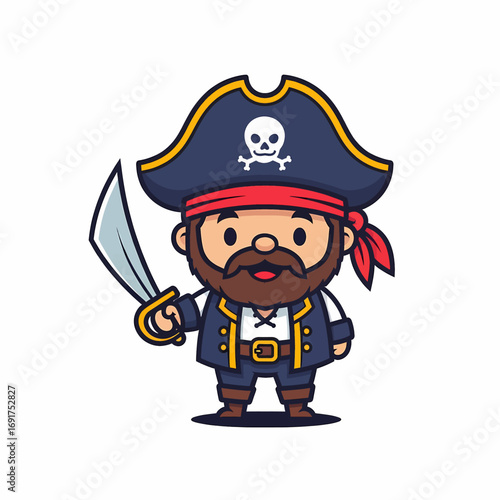 A cheerful cartoon pirate character, featuring a classic tricorne hat, beard, and cutlass