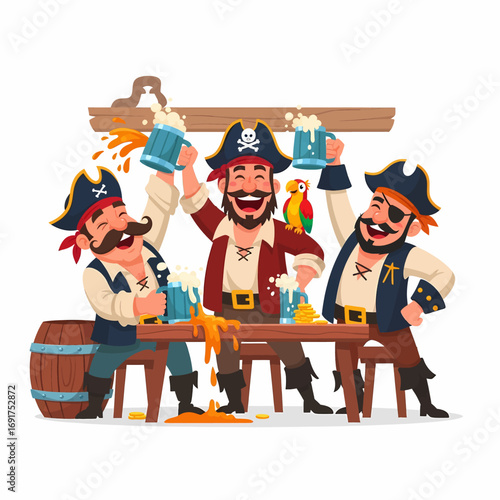 Three happy cartoon pirates joyfully toast with frothy mugs of ale in a lively tavern setting