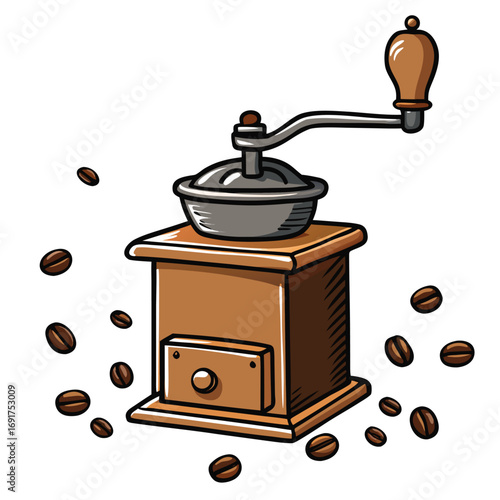 Cartoon Manual Coffee Grinder With Coffee Beans On White Background illustration