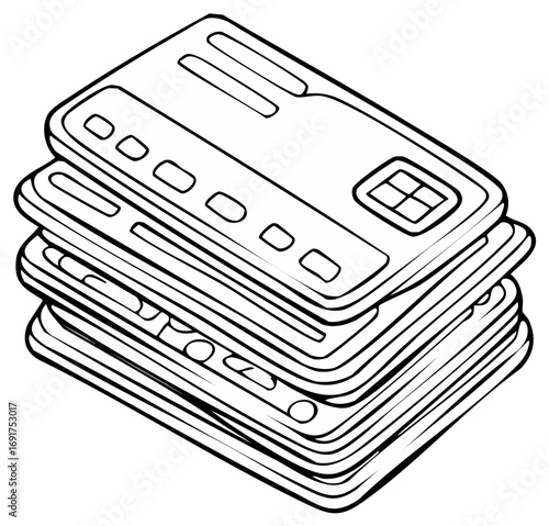 Black and white line art illustration of a stack of credit cards for finance and commerce concepts