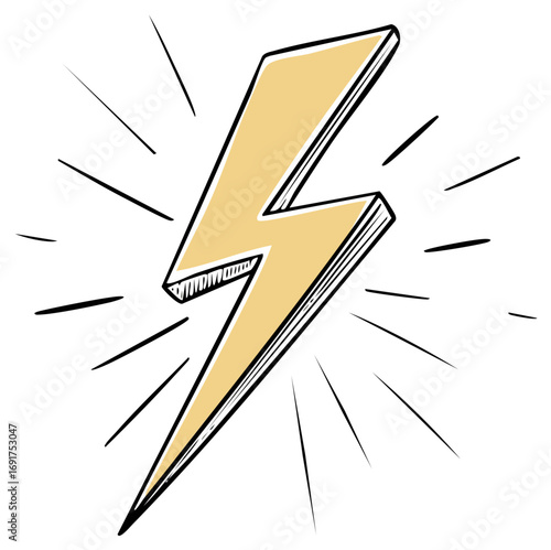 Hand drawn golden lightning bolt with radiating lines symbolizing energy and power