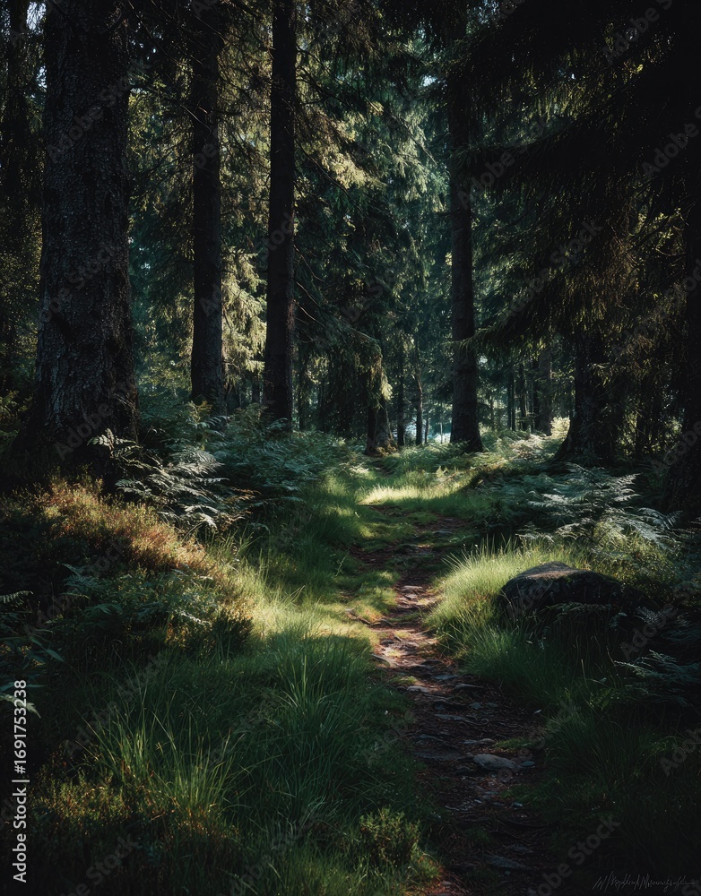 Obraz premium Woodland Path with Sunbeams