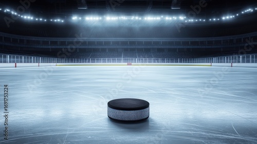 Empty hockey arena with puck on ice