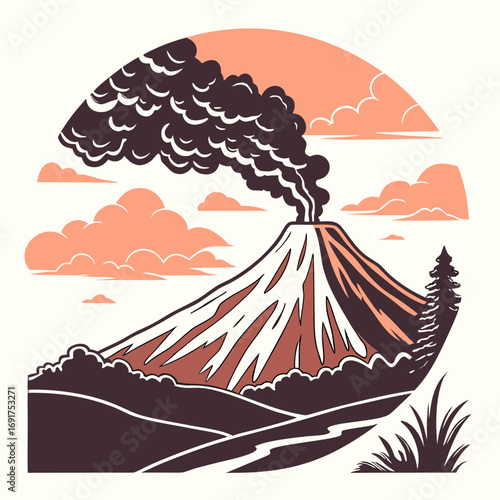 Stylized Volcano Erupting Smoke and Ash Over Landscape With Clouds Keywords: volcano, eruption, smoke