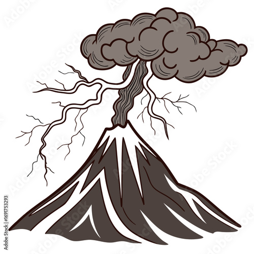 Stylized volcano erupting with dark smoke and bare tree branches eruption cloud