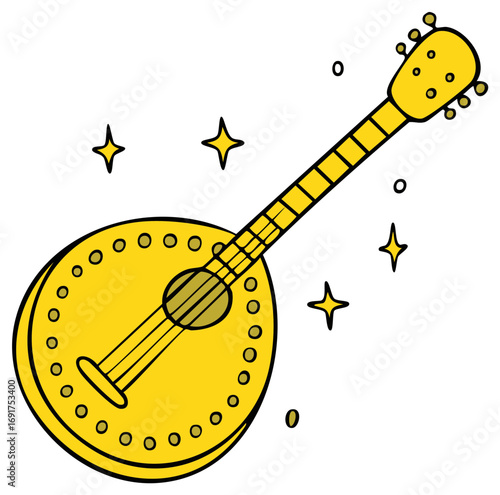 Shiny yellow banjo with star accents, musical instrument cartoon illustration