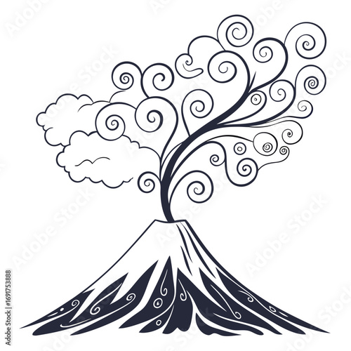 Stylized volcano erupting with swirling branches and clouds eruption smoke