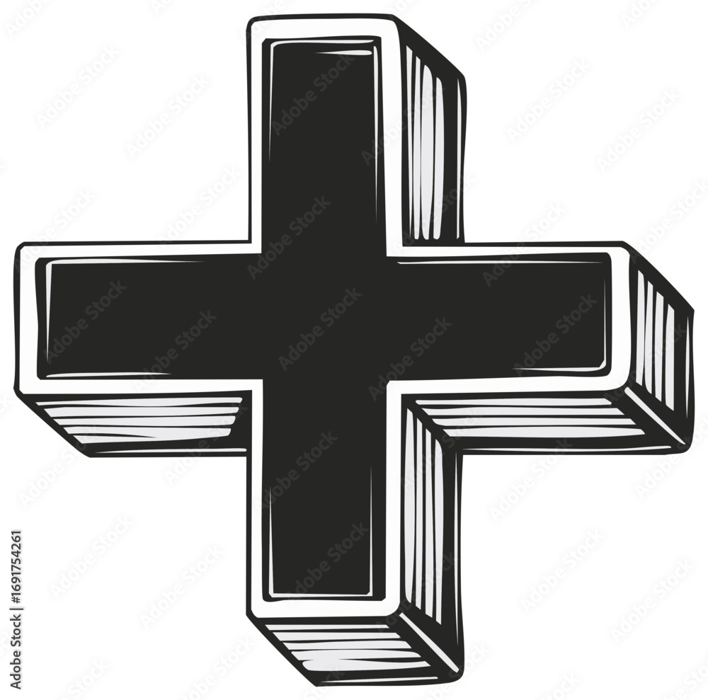 Fototapeta premium Hand drawn 3D plus sign, illustration, monochrome symbol