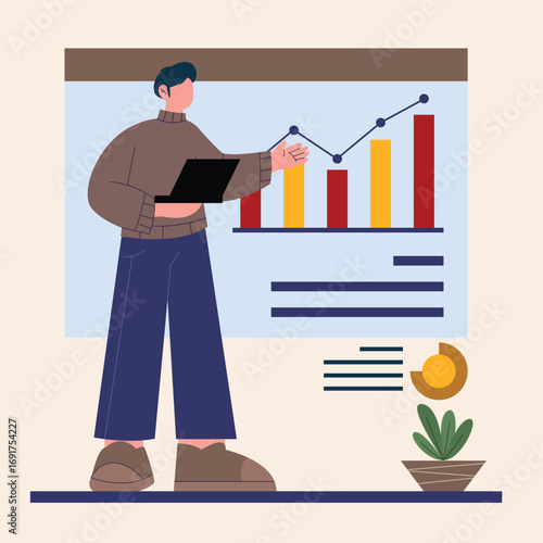 A young businessman presenting a detailed data analysis report with rising bar charts on a screen, illustrating corporate growth and strategy