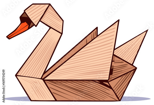 Origami swan papercraft bird with elegant geometric folds and wood texture