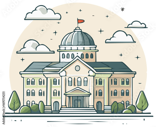 Illustration of governmental building with a dome, trees, and clouds in a minimalist style.