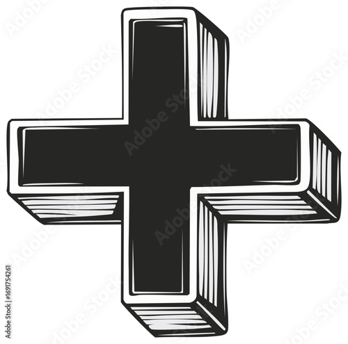 Hand drawn 3D plus sign, illustration, monochrome symbol