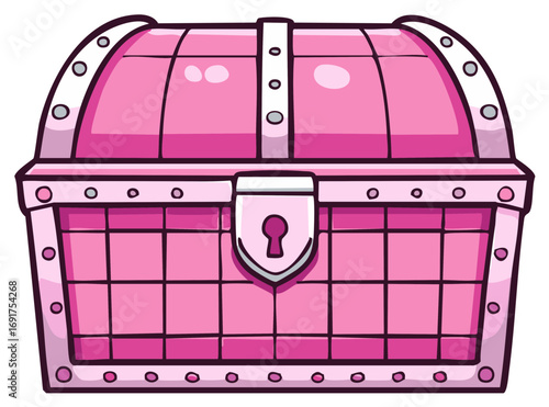 Isolated pink cartoon treasure chest with a secure lock and shiny metal details