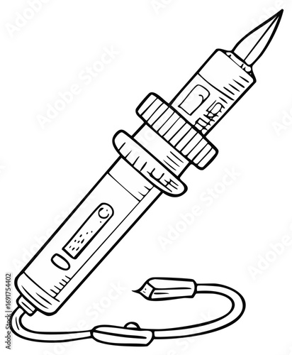 Hand-drawn illustration of a soldering iron with a pointed tip and a flexible cord