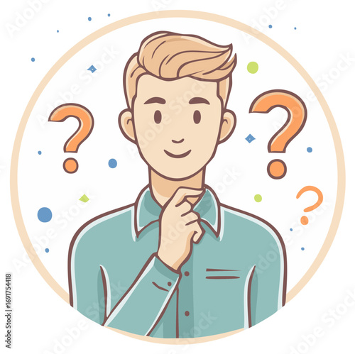 Pensive man ponders questions looking thoughtful with symbols around him