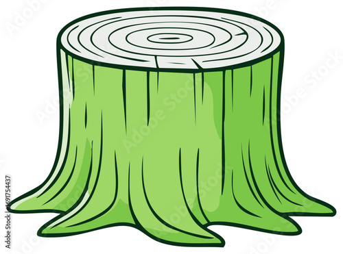 Cartoon illustration of a vibrant green tree stump with exposed tree rings