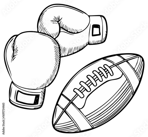 Two boxing gloves and a football in a black and white sketch style