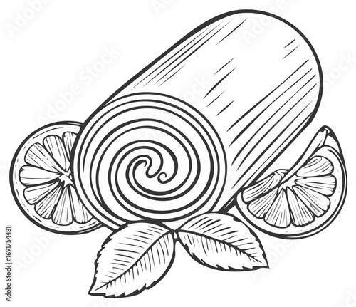 Hand drawn illustration of a roll with lemon slices and mint leaves
