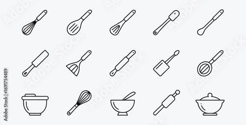 Baking utensils and kitchenware for cooking isolated minimal line icons set