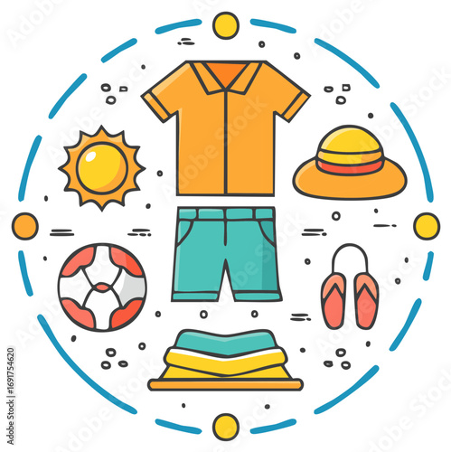 Summer vacation outfit illustration with beach essentials in flat design style