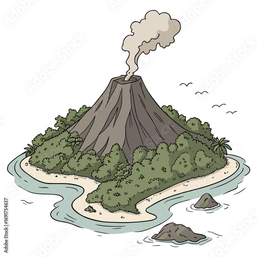 Tropical island with a smoking volcano surrounded by lush green trees and ocean jungle