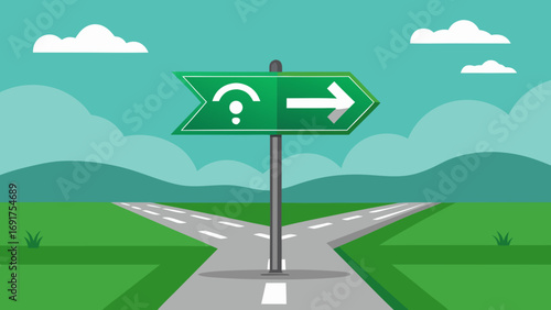 Road sign showing a question mark and an arrow pointing right
